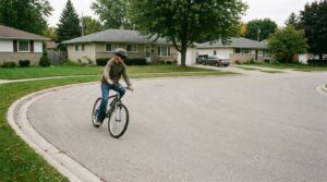 A teenage rider taking a suburban corner wide and slow, well clear of the curb.
