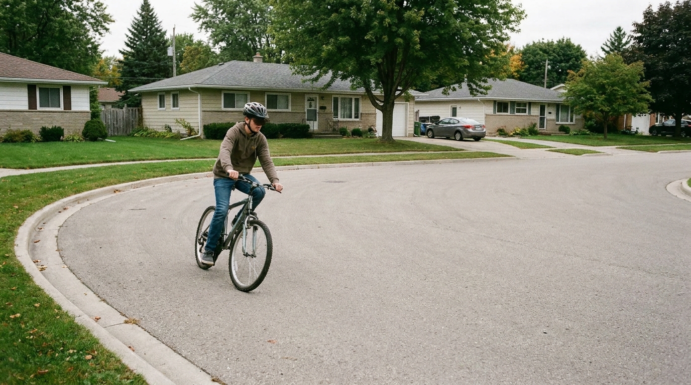 A teenage rider taking a suburban corner wide and slow, well clear of the curb.