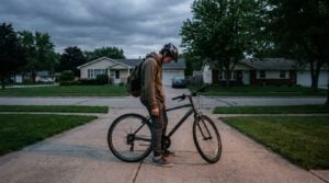 A tired teenage rider standing with a bike at dusk, shoulders down, backpack still on, deciding not to ride.