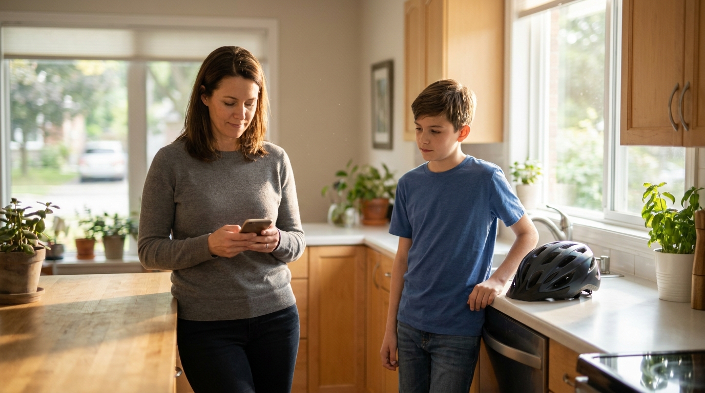 A mother reading a message on her phone in a kitchen, her son beside her with a bike helmet on the worktop
