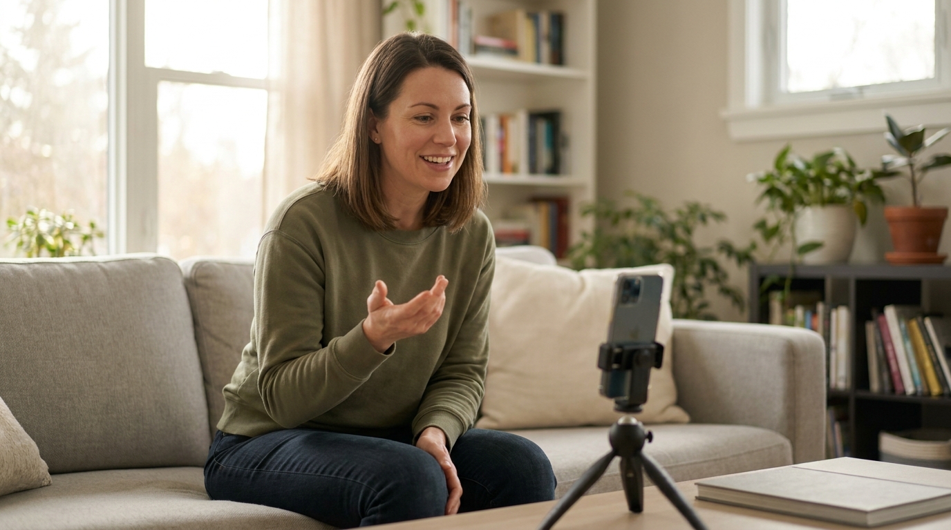 A woman on her sofa talking to a phone on a tripod, recording a video for her audience