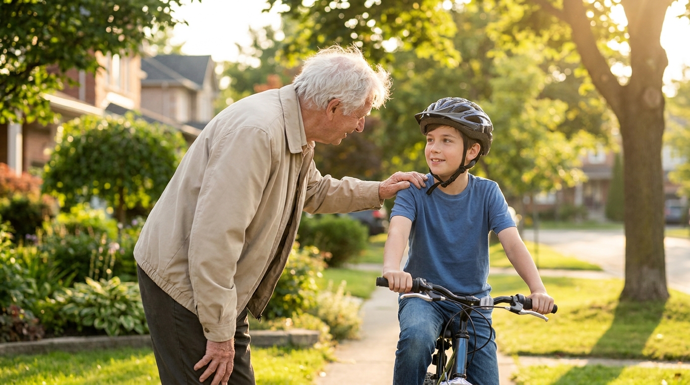 An older neighbor talking with a boy who has stopped his bike, one hand on the boy's shoulder