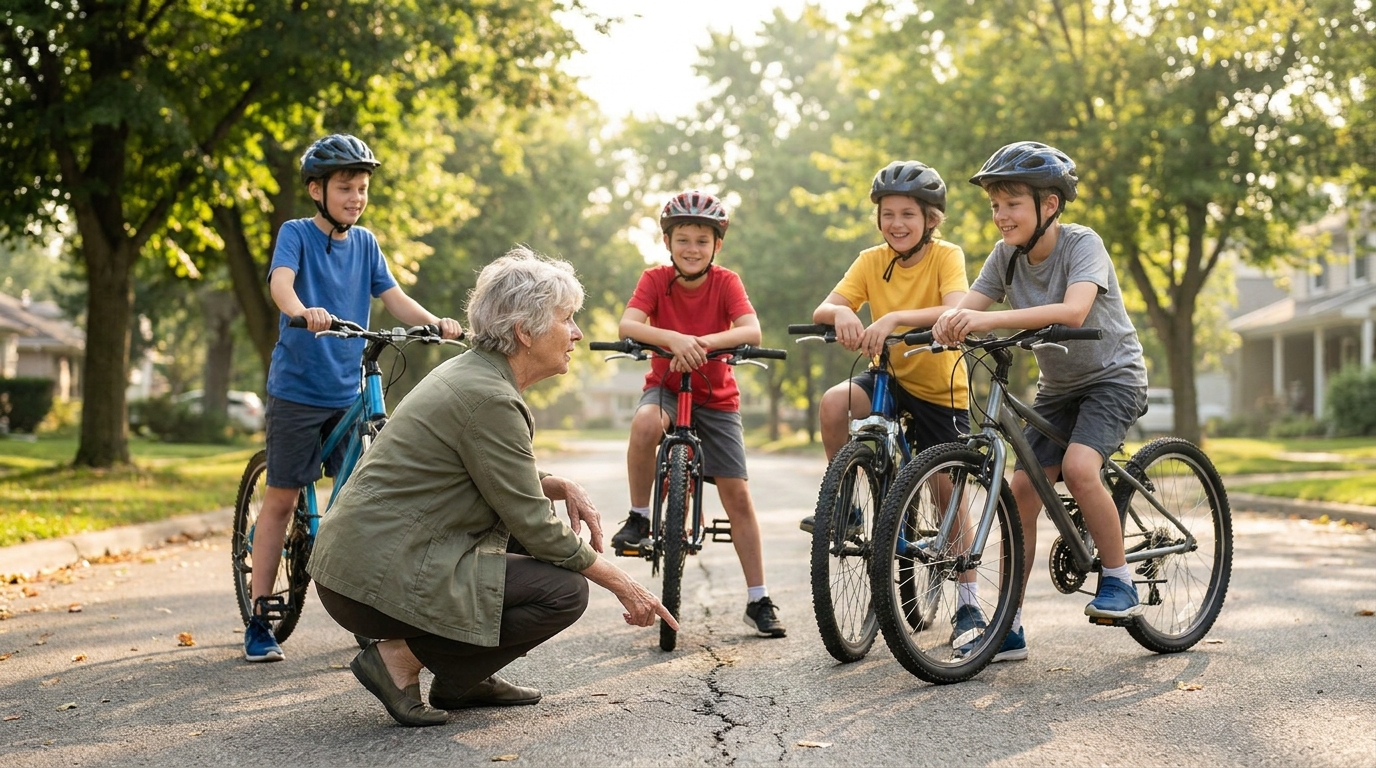 An older woman crouching in a residential street explaining something to four children who have stopped their bikes