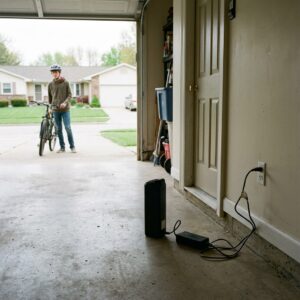 An electric bike battery on a charger on a bare garage floor, well away from the door into the house.