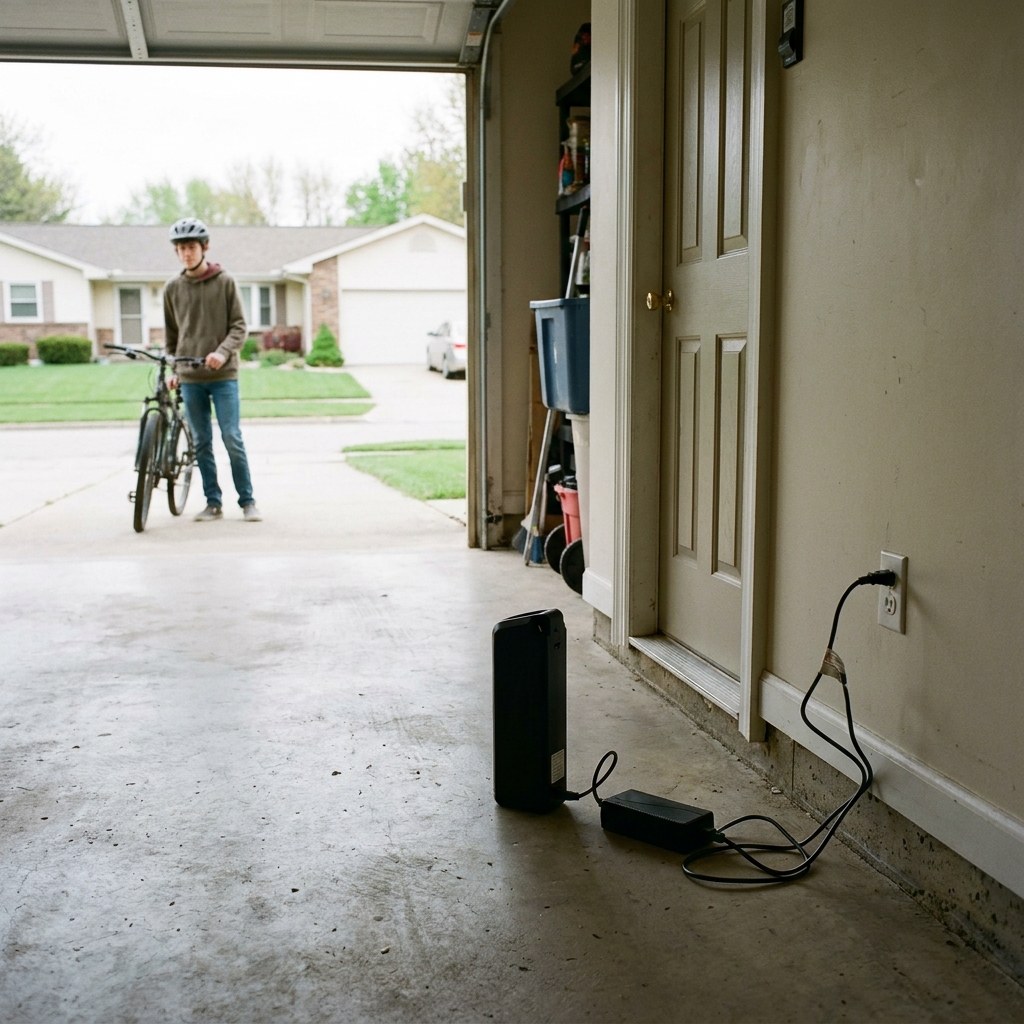 An electric bike battery on a charger on a bare garage floor, well away from the door into the house.