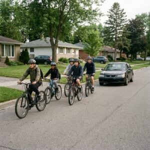 Five teenage riders on a suburban road riding in single file, a car waiting to pass behind them.