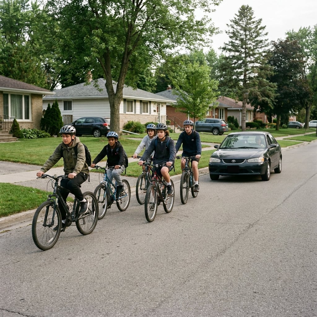 Five teenage riders on a suburban road riding in single file, a car waiting to pass behind them.