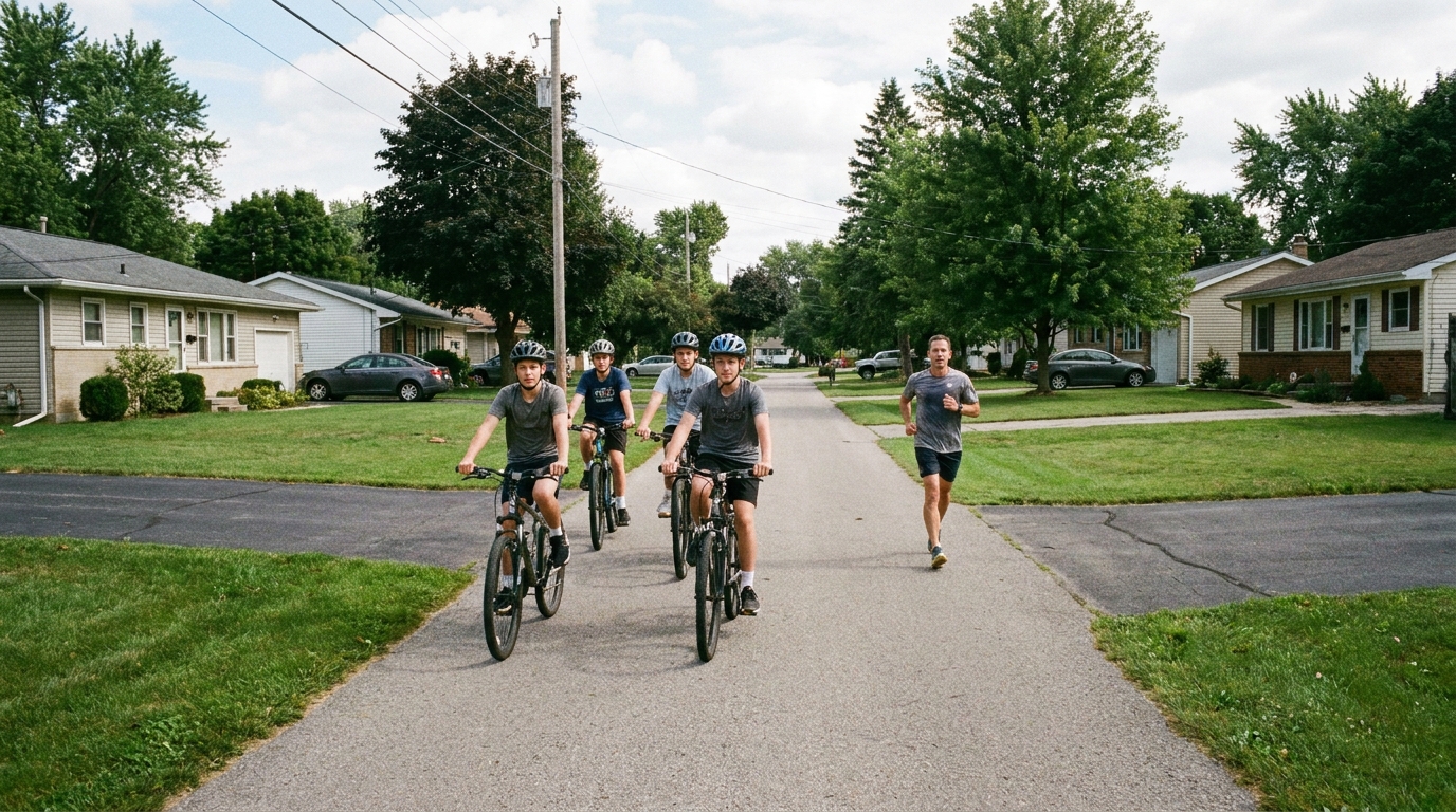 Four riders accelerating two abreast towards an oncoming runner on a narrow path.