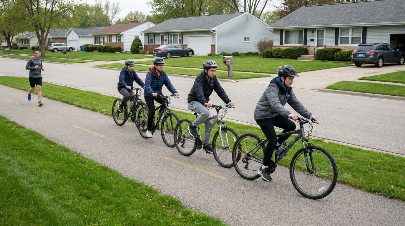 Four riders dropping into single file on the right half of a path with a runner passing them comfortably on the other side.