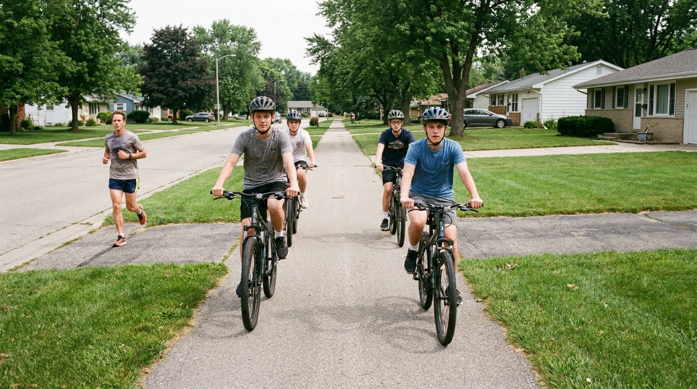 Four riders two abreast filling a shared path with a runner stepping onto the grass at the edge.