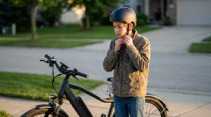 A boy of about thirteen buckling his own helmet strap beside an e-bike on a quiet street, earbuds out of his ears