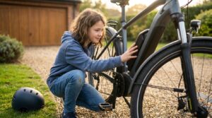 A girl of about twelve crouched beside an e-bike, one hand on the battery in the frame, looking closely at the machine