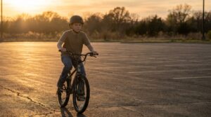 A boy riding slowly across a wide empty parking lot with no cars in it, practising in open space