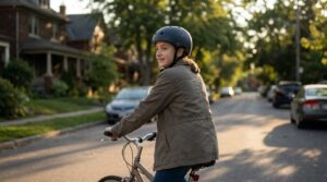 A girl riding straight while turning her head to look back over her shoulder