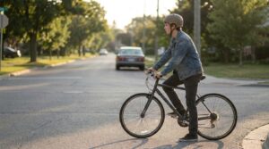 A boy stopped at a quiet intersection with one foot down, looking along the road before he moves