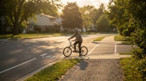 A street corner where a road, a bike lane, a sidewalk and a trail all meet, with a young rider pausing to choose