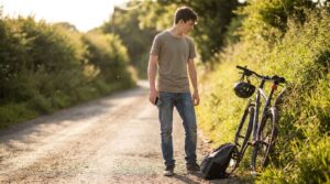 A boy standing calmly at the side of the road beside his bike after a spill, unhurt, phone in hand