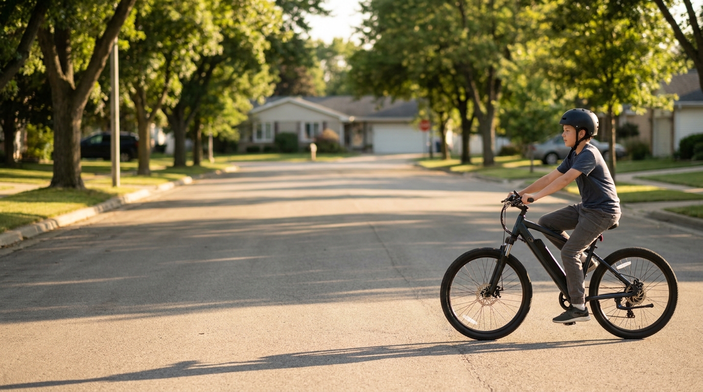 A boy on an e-bike at a suburban intersection, turning to look back over his shoulder at traffic