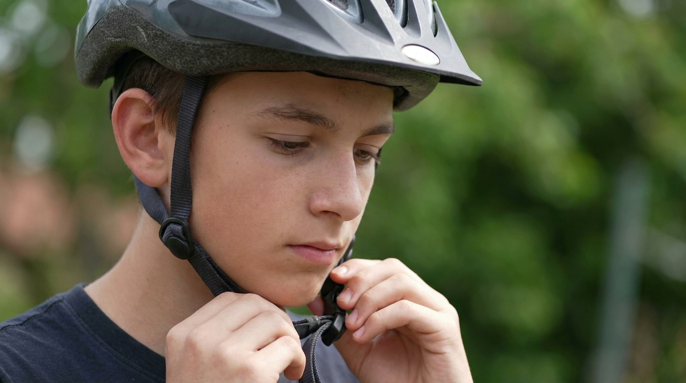 A rider with both hands on the chin strap buckle, the front edge of the helmet sitting low on the forehead.