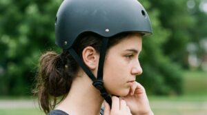 A rider in a bicycle helmet from the side, chin strap in a clear V past the ear, a hand pulling it snug