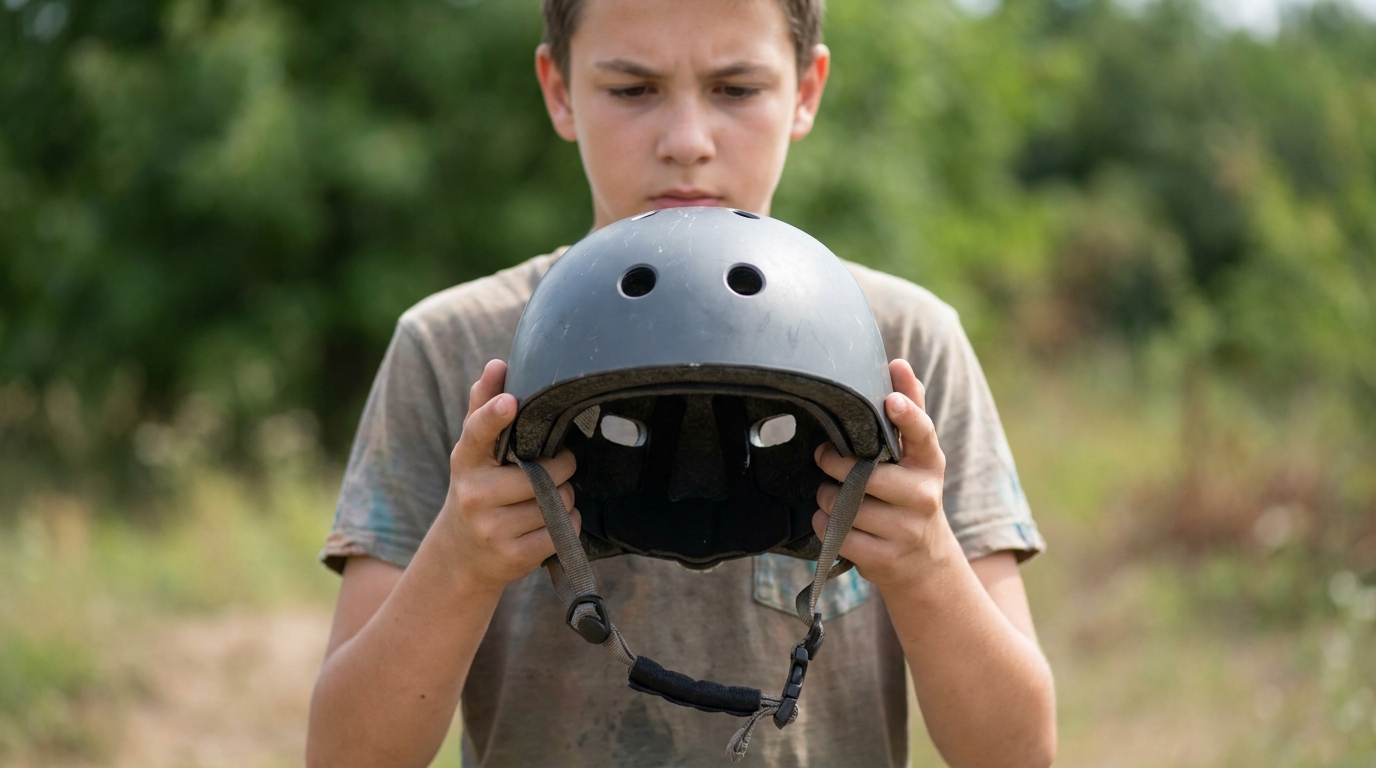 A rider holding a helmet up in both hands, about to put it on.