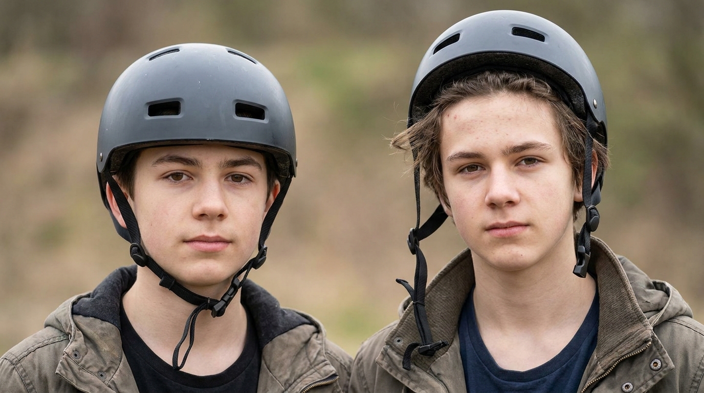 Two riders in the same helmet. The left one sits level and low with the strap fastened. The right one is pushed back off the forehead with a loose strap.