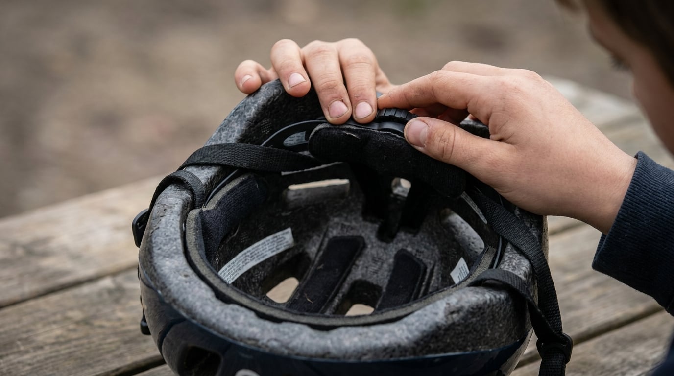 Hands turning the fit dial at the back of a bicycle helmet resting upside down on a table.