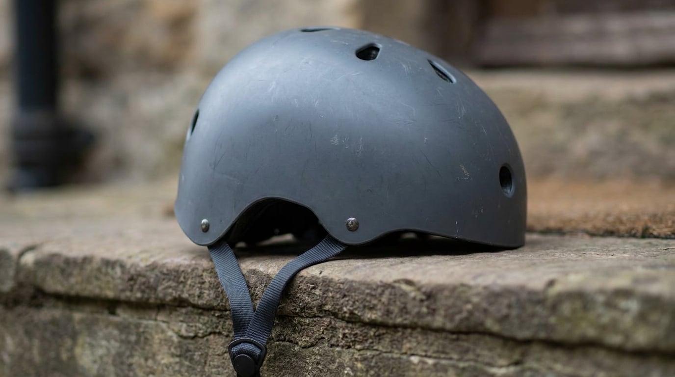 A bicycle helmet left behind on a doorstep with its strap trailing.