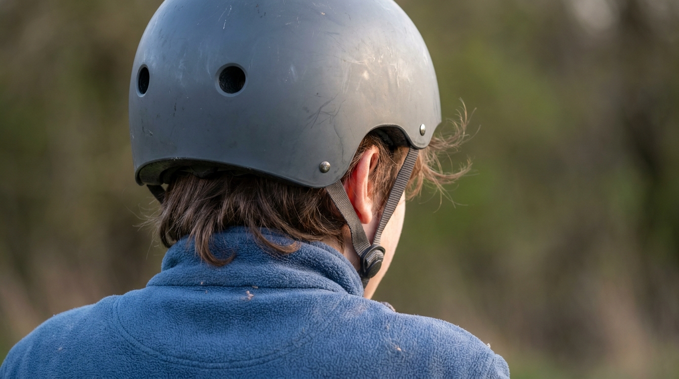 A rider seen from behind, showing how far the helmet shell wraps around the back of the head and down past the ear.
