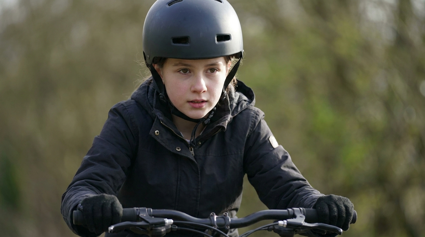 A rider at the end of a driveway about to set off on a short trip, helmet level and buckled.