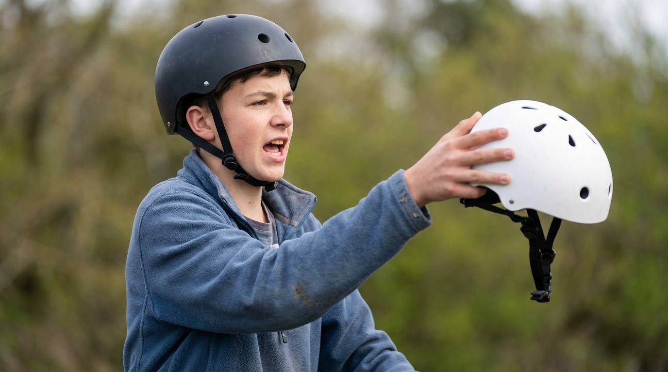 A rider calling out to a friend and holding a helmet out towards them.