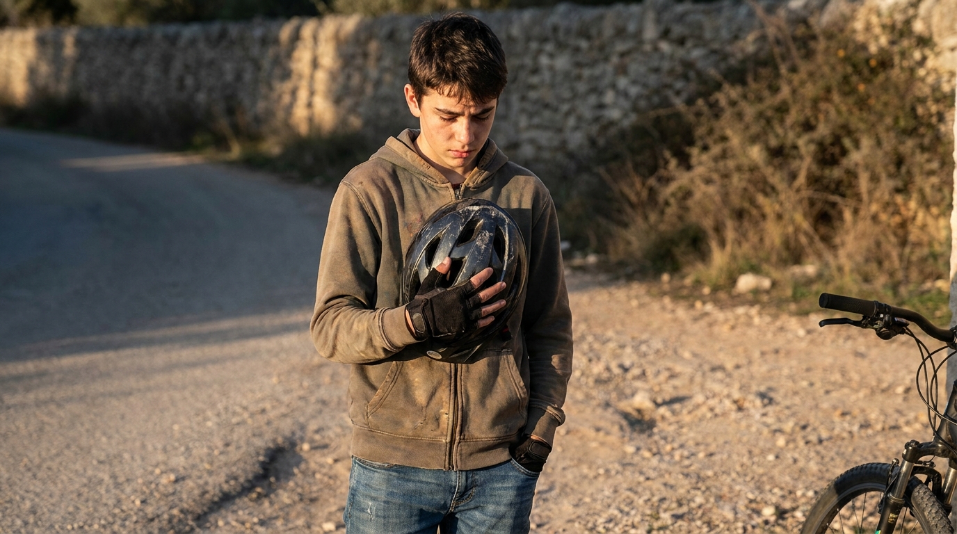 A teenage rider at the end of the day holding a bicycle helmet in both hands, looking down at it, his other hand not on the bike.