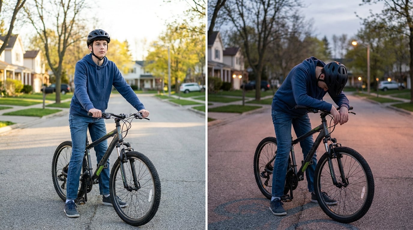The same rider photographed twice in the same street with the same bike, helmet on and strapped in both. On the left, in afternoon light, he stands upright and alert. On the right, at dusk, he is slumped over the handlebars and plainly exhausted.
