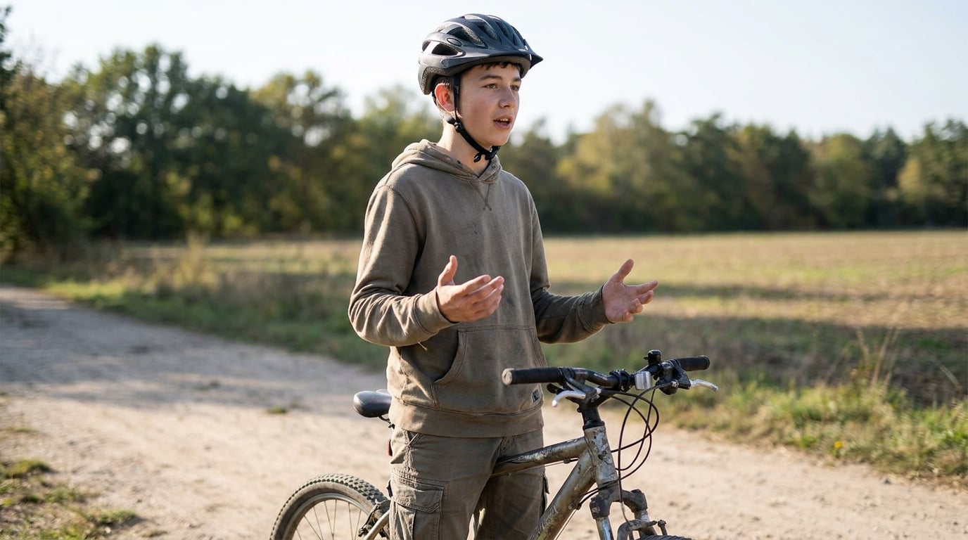 A teenage rider standing beside his bicycle with both hands held away from it, speaking out loud to himself. His helmet is on, level and strapped.