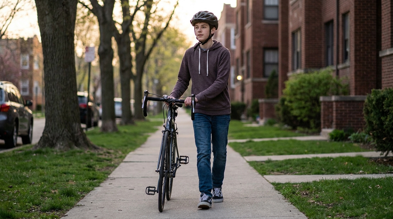 A teenage rider walking his bicycle along a sidewalk on foot, helmet on and strapped.