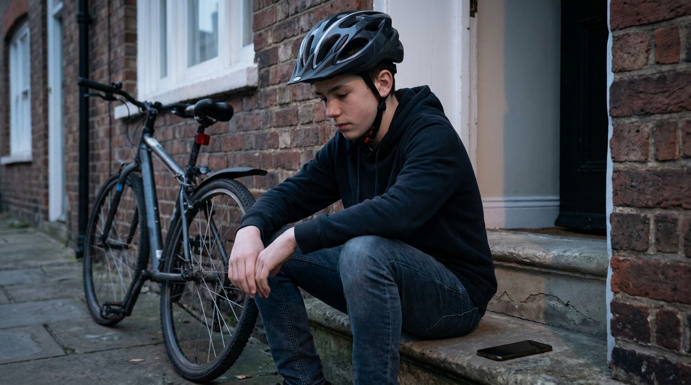 A teenage rider sitting on a doorstep beside his parked bicycle at dusk, helmet on and strapped, phone face down beside him, deciding whether to ride.