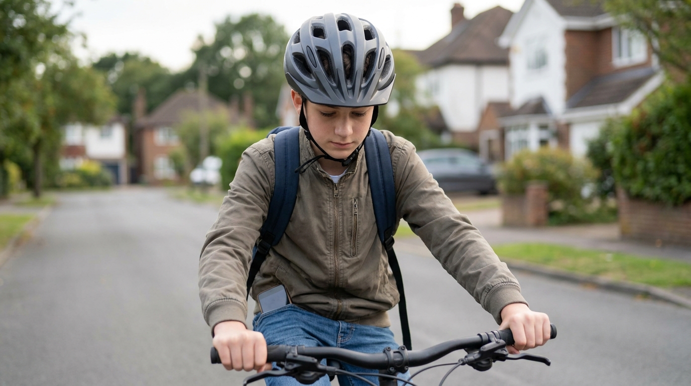 A boy on a bike on a quiet suburban street, helmet on and the strap fastened, both hands on the bars, his eyes dropped to the phone in his pocket instead of the road.
