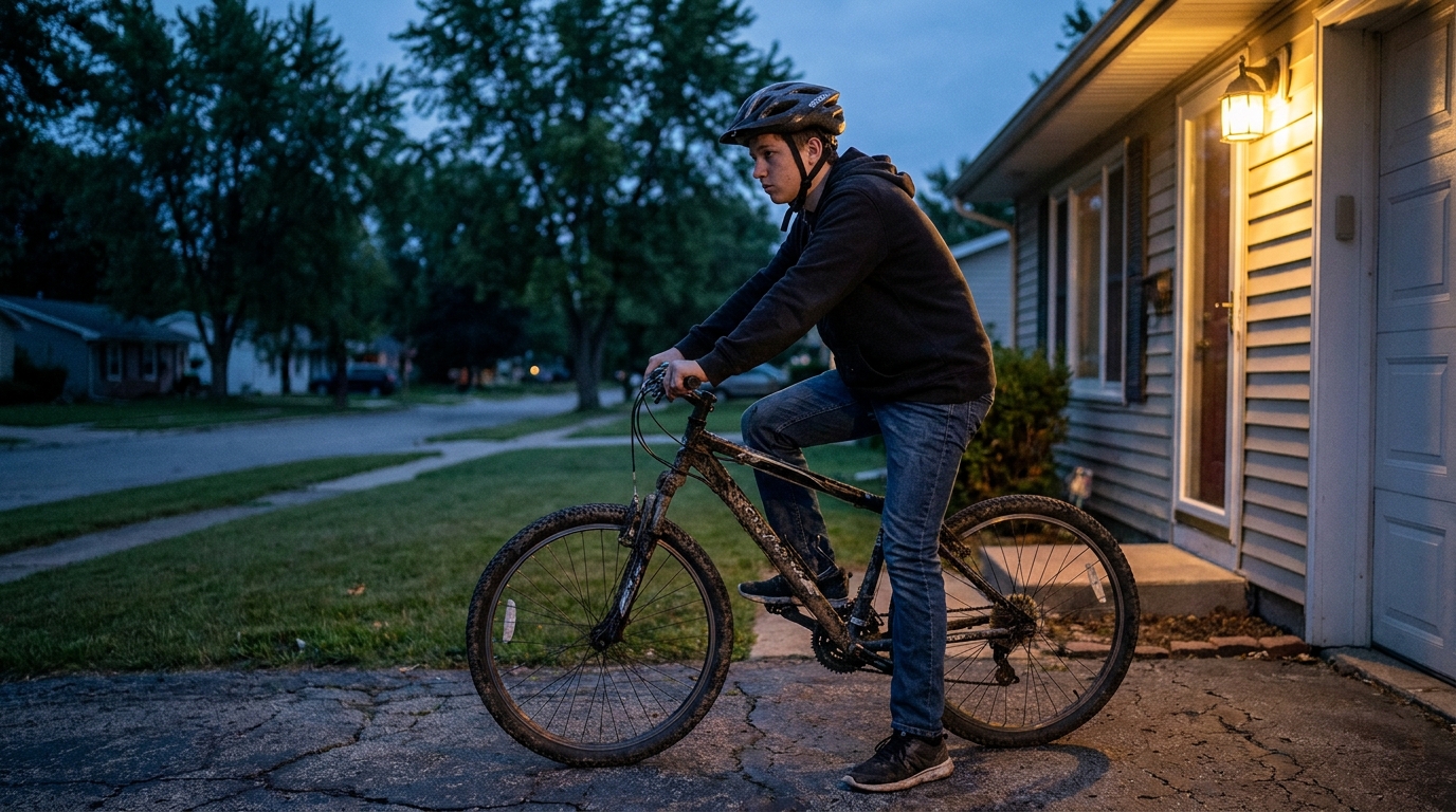 A teenage boy sitting astride his bike on the pavement outside a house at dusk, helmet on, one foot down, looking away down the road home. His shoulders are down and he looks worn out.