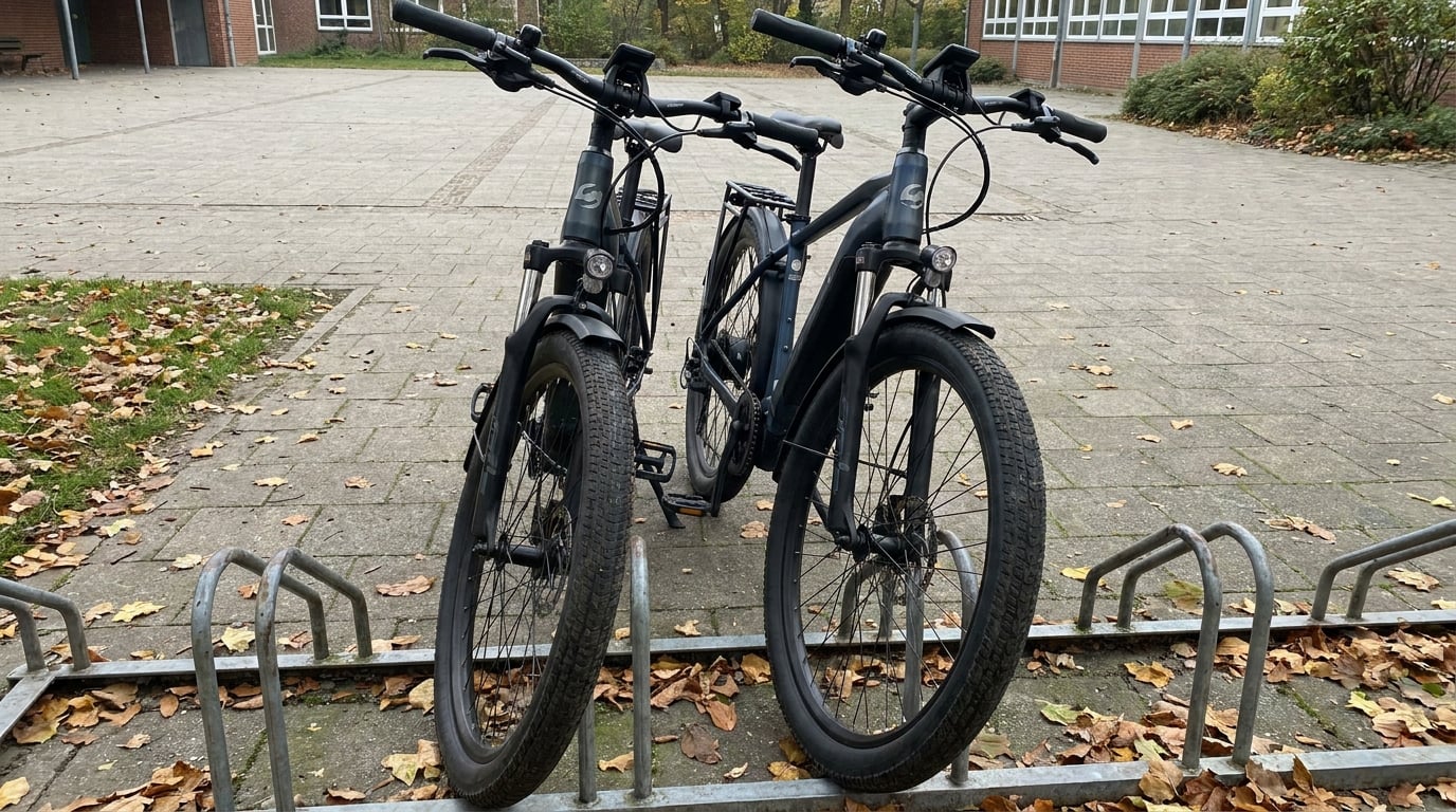 Two black e-bikes leaning side by side in a school bike rack, autumn leaves across the paving behind them. They are the same shape and the same size as each other. No rider is in this picture.