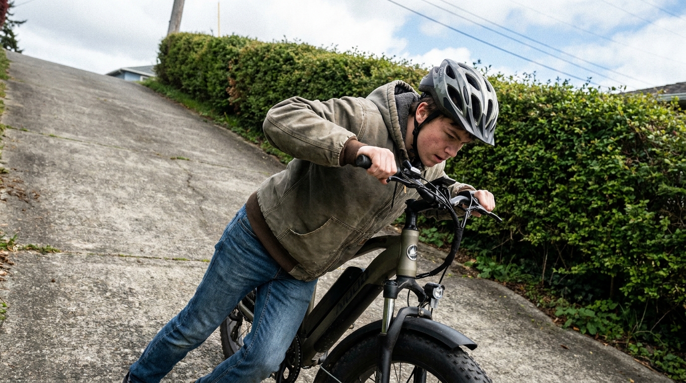 A teenage boy pushing a heavy e-bike up a steep concrete driveway by the handlebars, helmet on, head down and leaning into the weight of it.