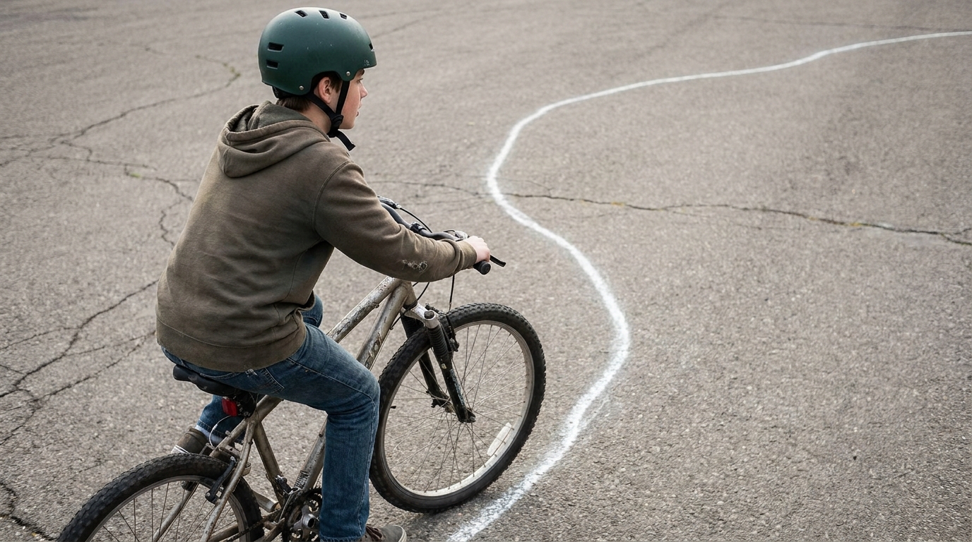 A boy riding slowly along a painted line on empty tarmac, helmet on, his head turned right to look back over his shoulder while the front wheel has wandered off the line.