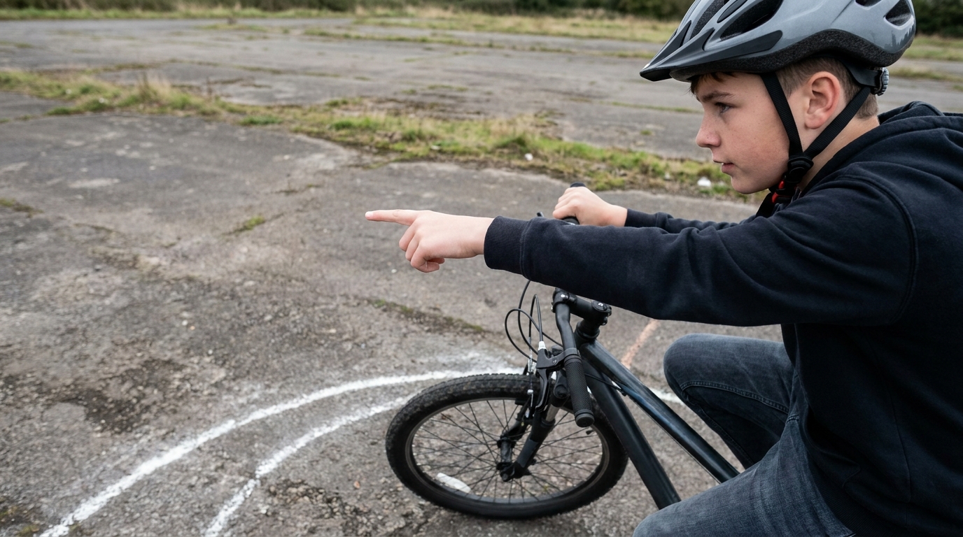 A boy on a bike on empty tarmac, helmet on, his right hand lifted off the bar to point ahead while the front wheel runs up onto a chalk line curving away to the left.