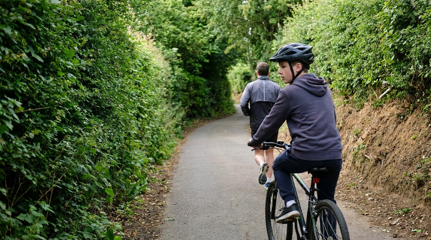 A boy on a bike, helmet on, riding up close behind a jogger on a narrow path walled on both sides by hedges tall enough to hide the bend ahead of them.