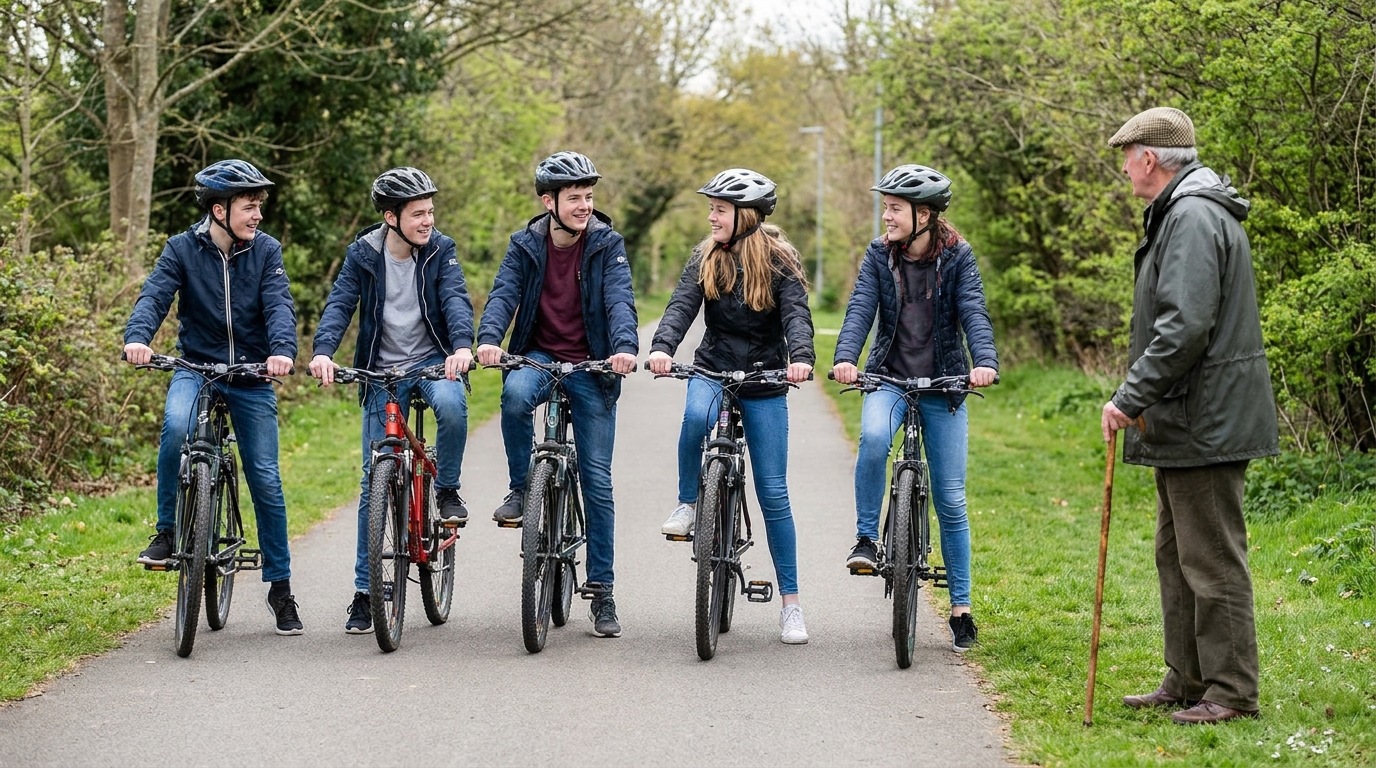 Five teenagers on bikes, every one of them in a fastened helmet, spread right across the full width of a shared path and talking to each other. An older man with a walking stick has stopped on the grass at the edge to wait for them to pass.