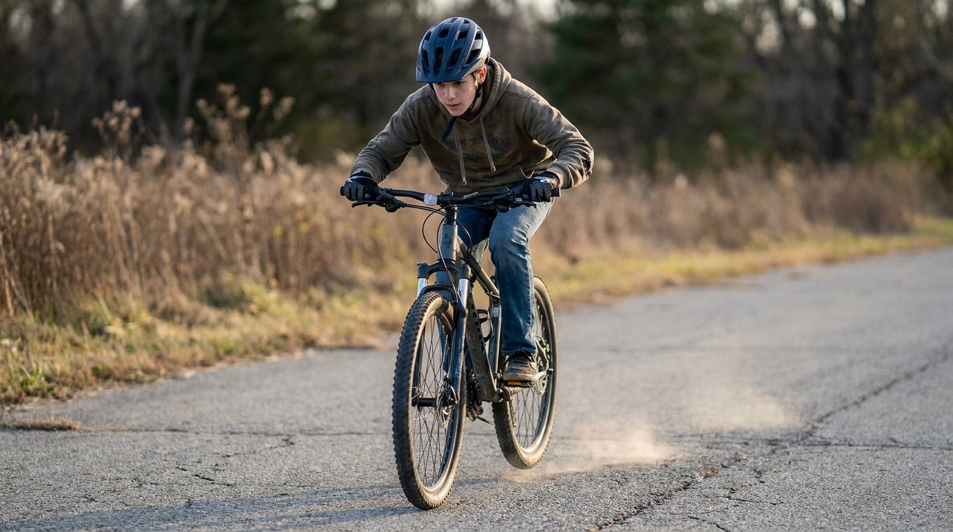 A boy braking hard on a bike, helmet on, his weight thrown forward over the bars and dust kicking up off the road behind the back wheel.