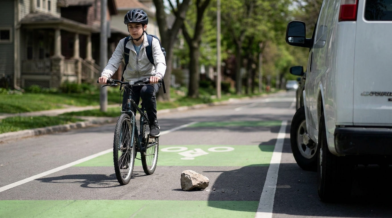 A boy riding along a green-painted bike lane, helmet on. A fist-sized chunk of broken concrete is lying in the lane a few strides ahead of him, in the shadow of a parked white van.