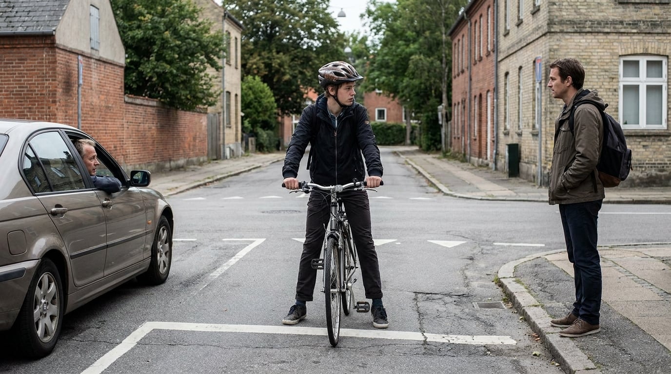 A boy on a bike stopped at a small junction in a fastened helmet, a driver leaning out of his car window on one side of him and a man waiting at the kerb on the other. All three are still and nobody is going first.