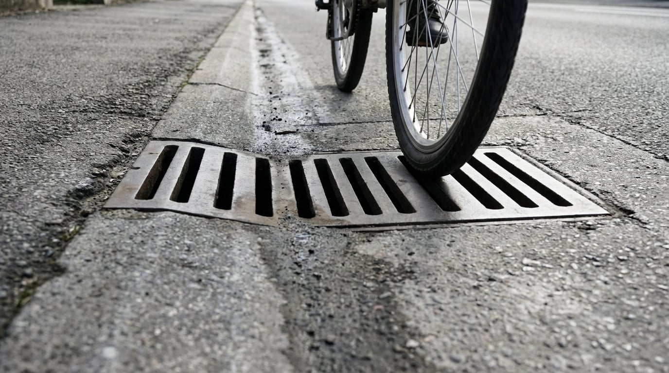 Close and low on a road gutter running into a metal drain grate whose slots run the same direction as the road. A bicycle front wheel is right at the edge of it, lined up with the slots. No rider is in this picture.