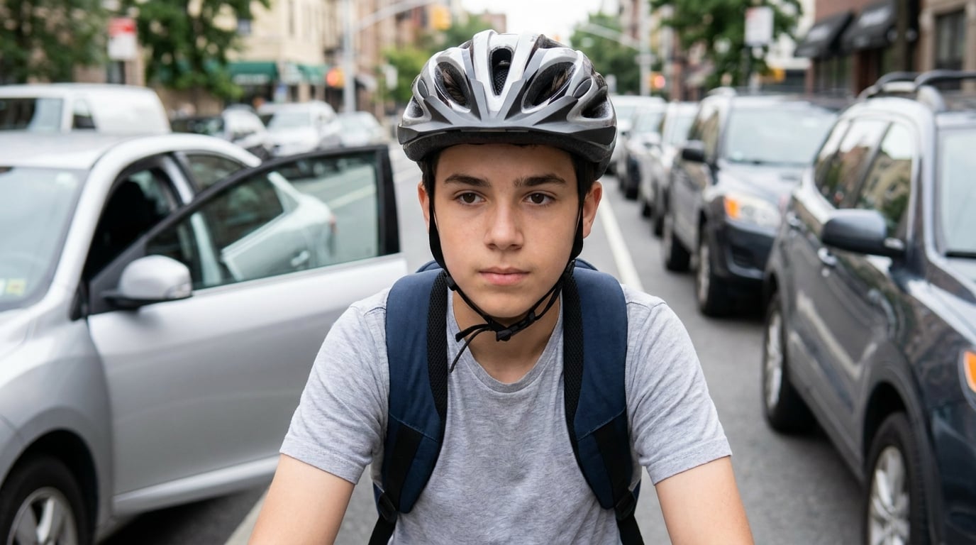 A boy in a fastened bicycle helmet riding between two lines of parked cars with barely a foot of room either side, and a driver's door already swung open into his path just ahead on the left.
