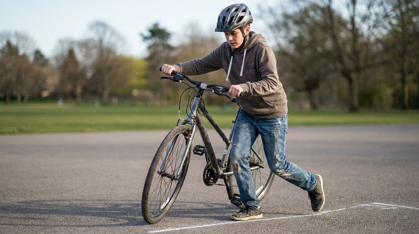 A boy pushing off from a standstill on a bike, helmet on, both feet still on the ground and the front wheel wandering sideways across a white line.